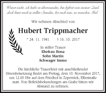 Traueranzeige von Hubert Trippmacher von Märkische Oderzeitung