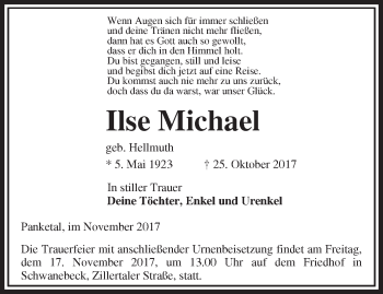 Traueranzeige von Ilse Michael von Märkische Oderzeitung