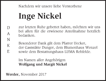 Traueranzeige von Inge Nickel von Märkische Oderzeitung