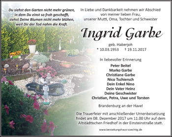 Traueranzeige von Ingrid Garbe von Märkische Oderzeitung