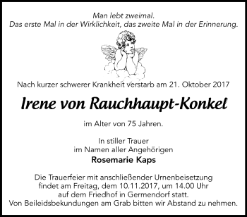 Traueranzeige von Irene von Rauchhaupt-Konket von Märkische Oderzeitung