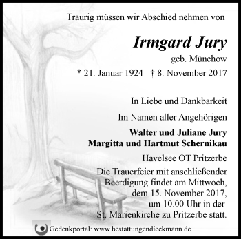 Traueranzeige von Irmgard Jury von Märkische Oderzeitung