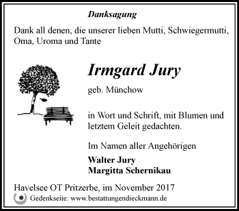 Traueranzeige von Irmgard Jury von Märkische Oderzeitung