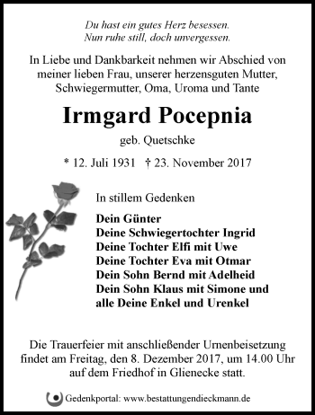 Traueranzeige von Irmgard Pocepnia von Märkische Oderzeitung