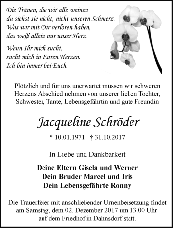 Traueranzeige von Jacqueline Schröder von Märkische Oderzeitung