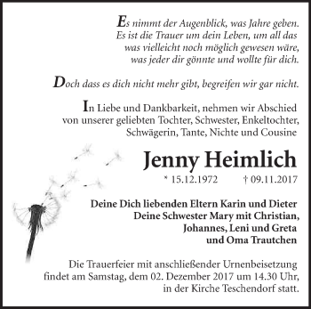 Traueranzeige von Jenny Heimlich von Märkische Oderzeitung