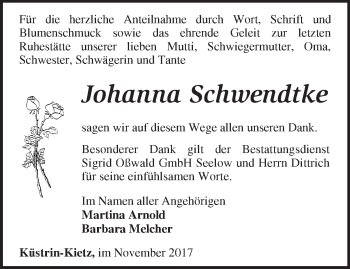 Traueranzeige von Johanna Schwendtke von Märkische Oderzeitung