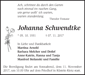 Traueranzeige von Johanna Schwendtke von Märkische Oderzeitung