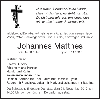 Traueranzeige von Johannes Matthes von Märkische Oderzeitung