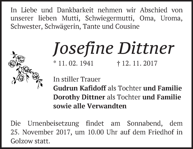  Traueranzeige für Josefine Dittner vom 19.11.2017 aus Märkische Oderzeitung