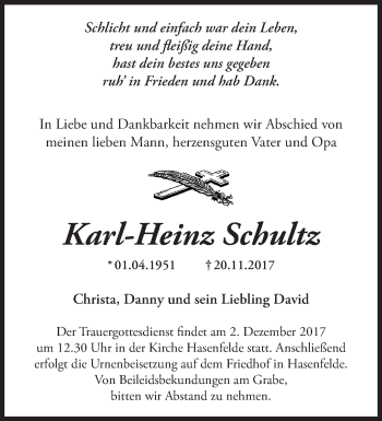 Traueranzeige von Karl-Heinz Schultz von Märkische Oderzeitung