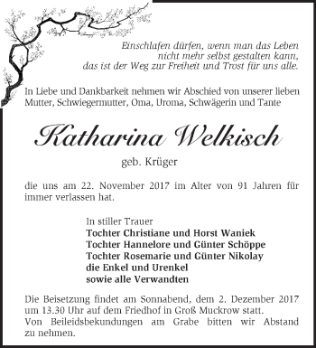 Traueranzeige von Katharina Welkisch von Märkische Oderzeitung