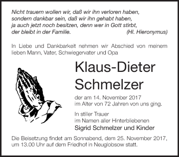 Traueranzeige von Klaus-Dieter Schmelzer von Märkische Oderzeitung