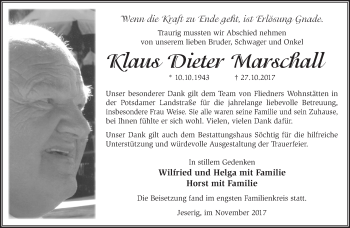 Traueranzeige von Klaus Dieter Marschall von Märkische Oderzeitung