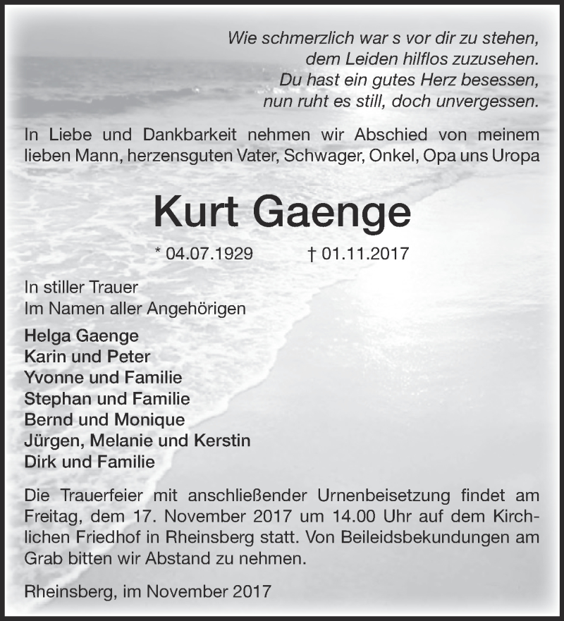  Traueranzeige für Kurt Gaenge vom 11.11.2017 aus Märkische Oderzeitung