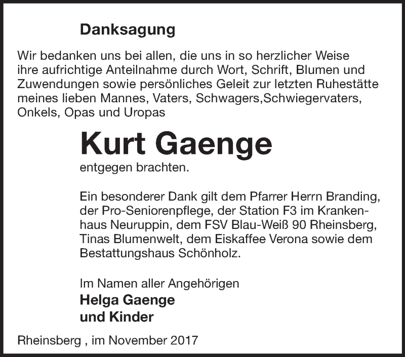  Traueranzeige für Kurt Gaenge vom 25.11.2017 aus Märkische Oderzeitung