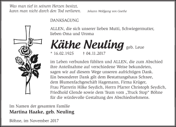 Traueranzeige von Käthe Neuling von Märkische Oderzeitung