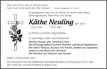 Traueranzeige von Käthe Neuling von Märkische Oderzeitung