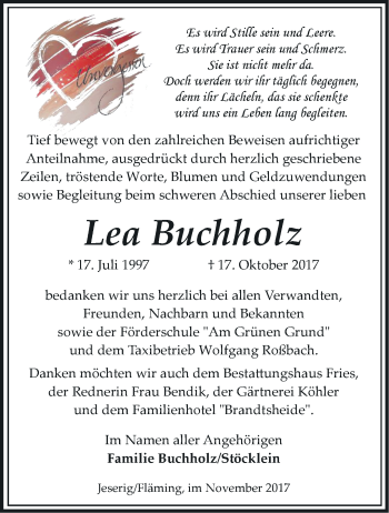 Traueranzeige von Lea Buchholz von Märkische Oderzeitung