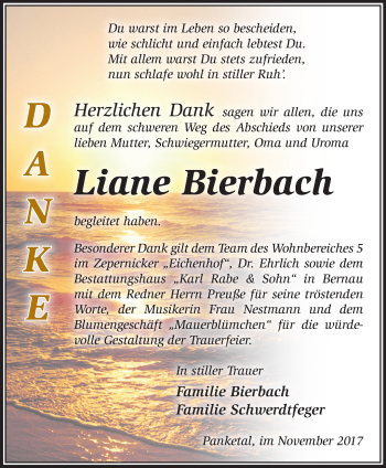 Traueranzeige von Liane Bierbach von Märkische Oderzeitung