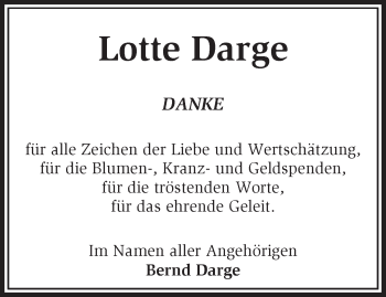 Traueranzeige von Lotte Darge von Märkische Oderzeitung