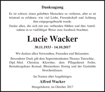 Traueranzeige von Lucie Wacker von Märkische Oderzeitung