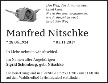 Traueranzeige von Manfred Nitschke von Märkische Oderzeitung