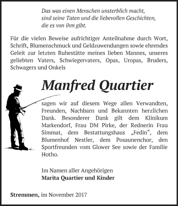 Traueranzeige von Manfred Quartier von Märkische Oderzeitung