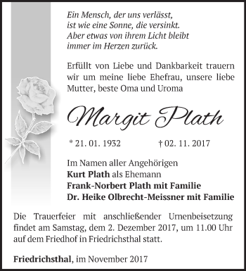 Traueranzeige von Margit Plath von Märkische Oderzeitung