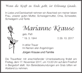 Traueranzeige von Marianne Krause von Märkische Oderzeitung