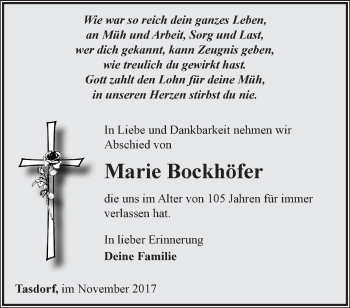 Traueranzeige von Marie Bockhöfer von Märkische Oderzeitung