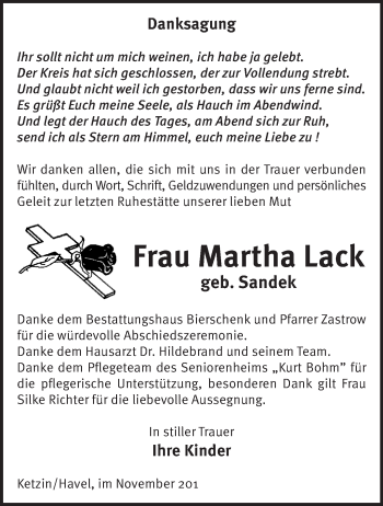 Traueranzeige von Martha Lack von Märkische Oderzeitung