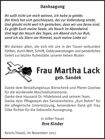 Traueranzeige von Martha Lack von Märkische Oderzeitung