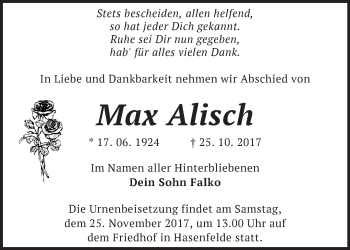 Traueranzeige von Max Alisch von Märkische Oderzeitung