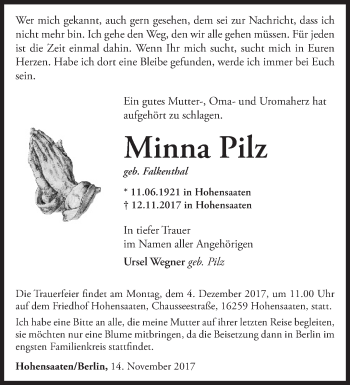 Traueranzeige von Minna Pils von Märkische Oderzeitung