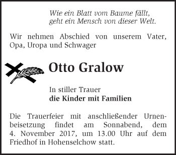 Traueranzeige von Otto Gralow von Märkische Oderzeitung