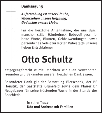 Traueranzeige von Otto Schultz von Märkische Oderzeitung