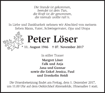 Traueranzeige von Peter Löser von Märkische Oderzeitung