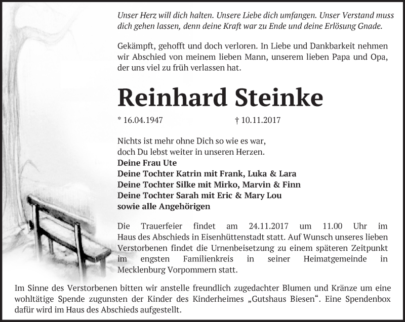  Traueranzeige für Reinhard Steinke vom 18.11.2017 aus Märkische Oderzeitung