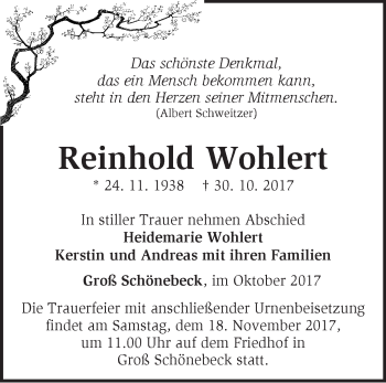 Traueranzeige von Reinhold Wohlert von Märkische Oderzeitung