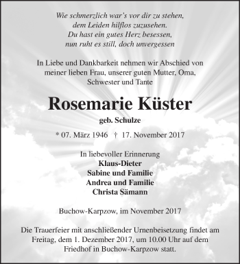 Traueranzeige von Rosemarie Küster von Märkische Oderzeitung