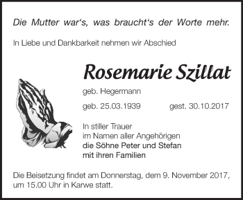 Traueranzeige von Rosemarie Szillat von Märkische Oderzeitung