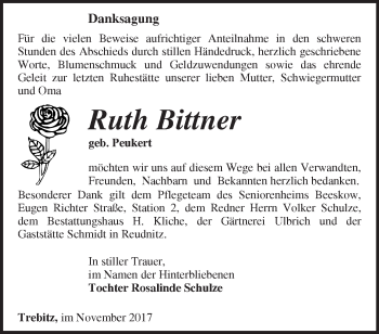 Traueranzeige von Ruth Bittner von Märkische Oderzeitung