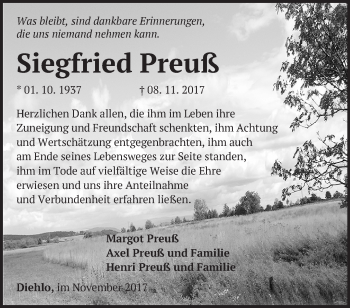 Traueranzeige von Siegfried Preuß von Märkische Oderzeitung