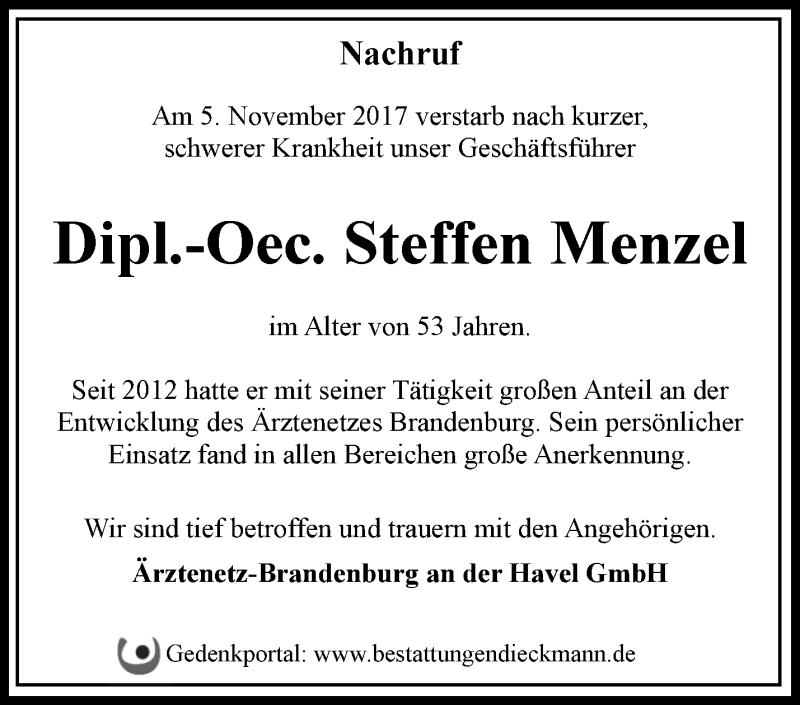  Traueranzeige für Steffen Menzel vom 12.11.2017 aus Märkische Oderzeitung