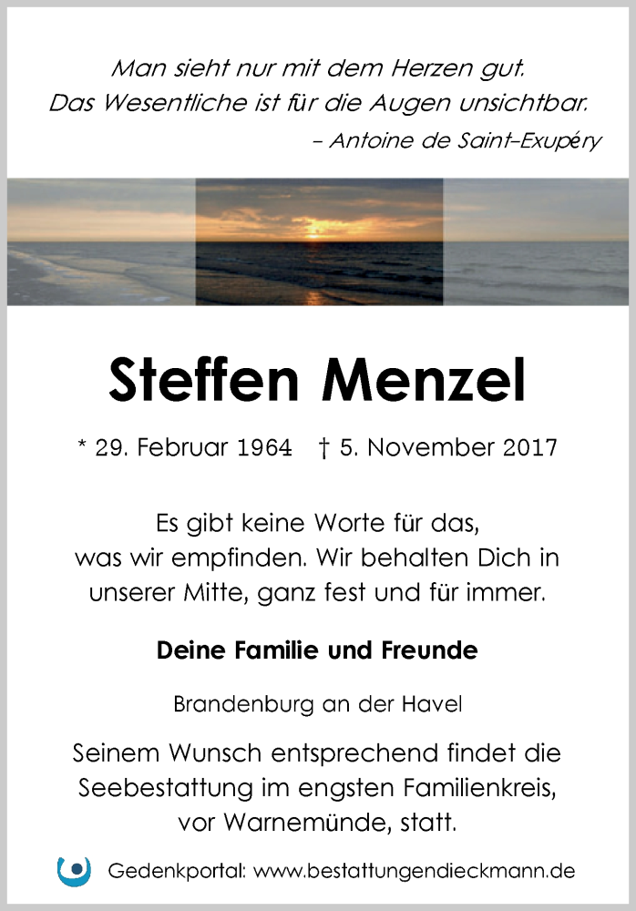  Traueranzeige für Steffen Menzel vom 12.11.2017 aus Märkische Oderzeitung