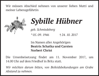 Traueranzeige von Sybille Hübner von Märkische Oderzeitung