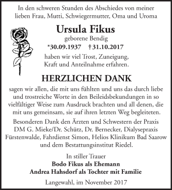 Traueranzeige von Ursula Fikus von Märkische Oderzeitung