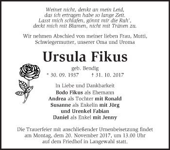 Traueranzeige von Ursula Fikus von Märkische Oderzeitung