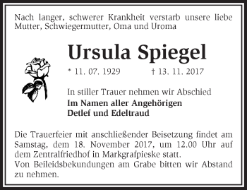 Traueranzeige von Ursula Spiegel von Märkische Oderzeitung